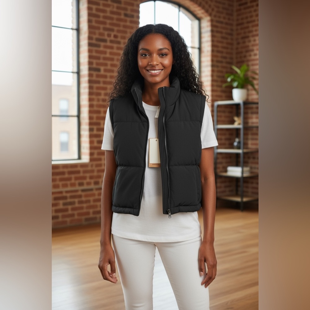 Thread+Supply Black Sleeveless Crop Puffer Jacket S Women Casual Streetwear NEW